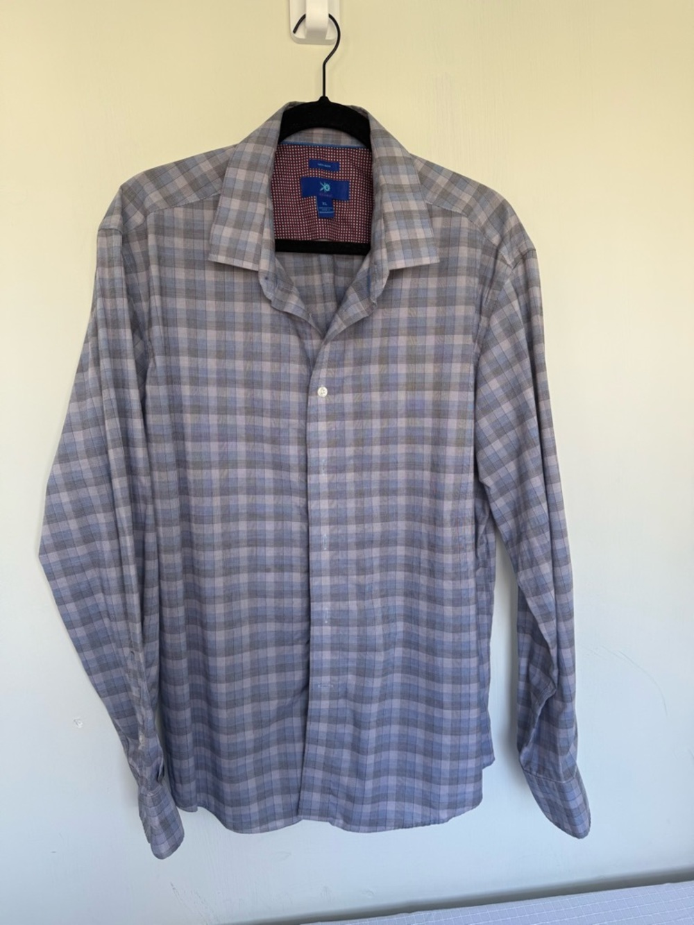Egara Men's Plaid Dress Shirt - Light Blue & Gray with Burgundy accents